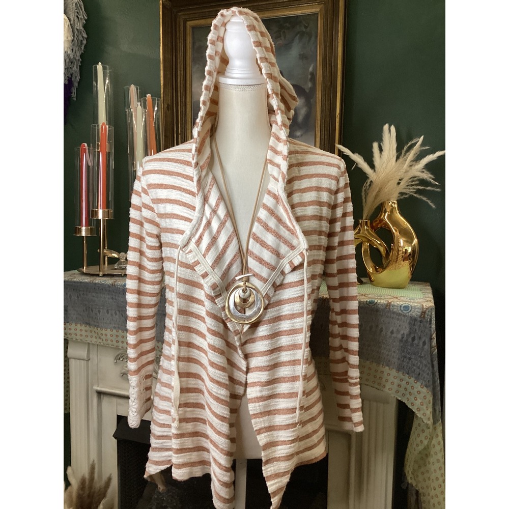 Entro Womens Small Striped Hooded Open Front Cardigan Crochet Lace Back Rust